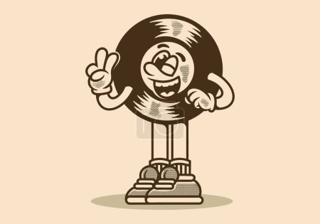 Illustration de caractère mascotte d'un vinyle vintage avec main formant un symbole de paix