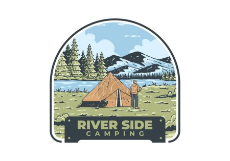 Téléchargez les illustrations : Camping côté rivière. Insigne d'illustration extérieur vintage design - en licence libre de droit