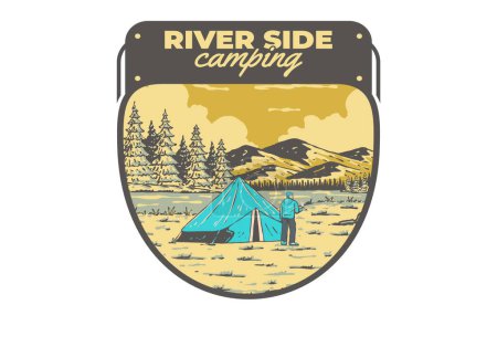 River side camping. Vintage outdoor illustration badge design
