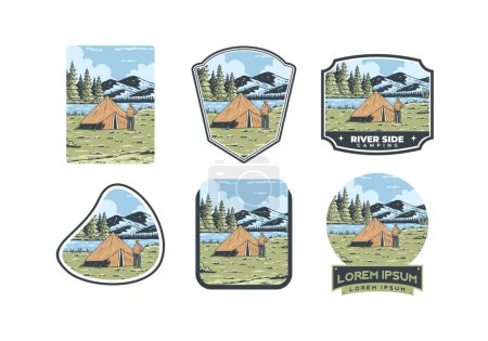 River side camping. Vintage outdoor illustration badge design