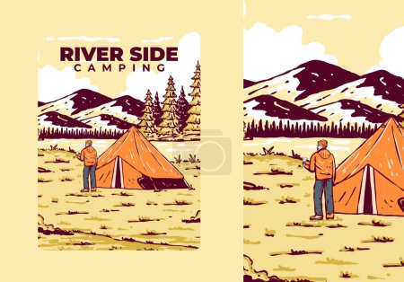 Téléchargez les illustrations : Camping côté rivière. Insigne d'illustration extérieur vintage design - en licence libre de droit