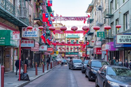 Photo for San Francisco, California USA 12 18 2022: Looking down Grant Street in Chinatown in San Francisco during the a busy holiday shopping weekend. - Royalty Free Image