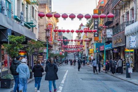 Photo for San Francisco, California USA 12 18 2022: Looking down Grant Street in Chinatown in San Francisco during the a busy holiday shopping weekend. - Royalty Free Image