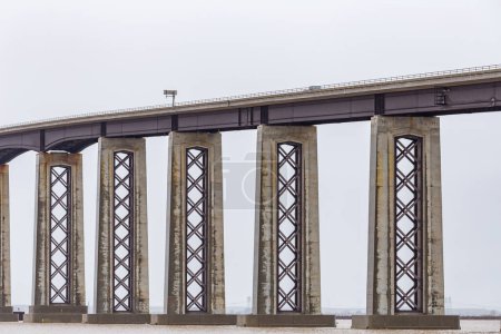 Photo for Antioch, California USA January 5, 2023: The Antioch Bridge in Antioch, California during a atmospheric river storm with gray skies and cars drive over it - Royalty Free Image