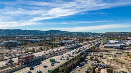 Photo for Drone photos over the Dublin and Pleasanton BART station in Alameda County in California - Royalty Free Image