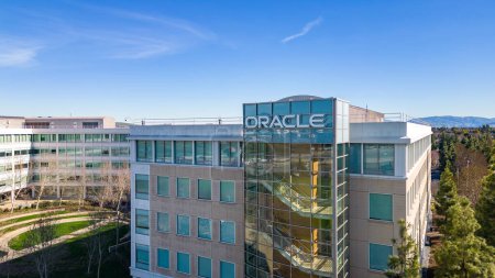 Photo for Pleasanton, California USA January 21, 2023: Drone photos of the Oracle building in Pleasanton, California on a beautiful winter day with a blue sky with clouds - Royalty Free Image