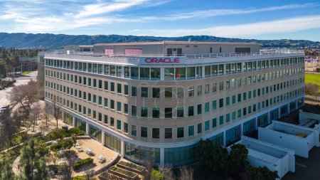 Photo for Pleasanton, California USA January 21, 2023: Drone photos of the Oracle building in Pleasanton, California on a beautiful winter day with a blue sky with clouds - Royalty Free Image