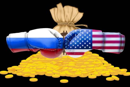 Téléchargez les photos : Drapeaux d'illustration 3D de la Russie et des États-Unis sur pile de pièces d'or fond. - en image libre de droit