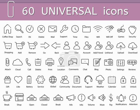 Ilustración de Conjunto de iconos universales, vector plano negro contorno web y aplicación símbolos básicos - Imagen libre de derechos