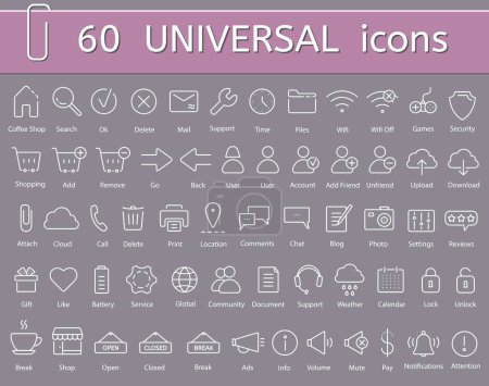 Ilustración de Conjunto de iconos universales, vector plano blanco contorno web y aplicación símbolos básicos - Imagen libre de derechos