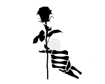 Squelette main donnant des fleurs roses, geste, cadeau, doigts, vecteur plat noir, limes coupées
