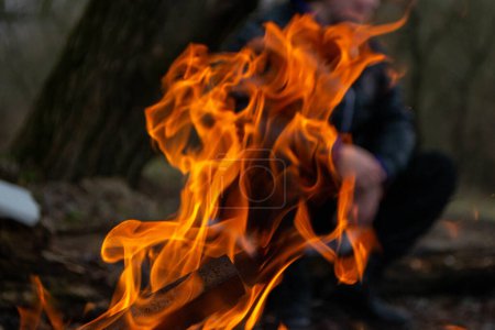 Photo for A fire burns in a campfire with a red fire in the background. High quality photo - Royalty Free Image