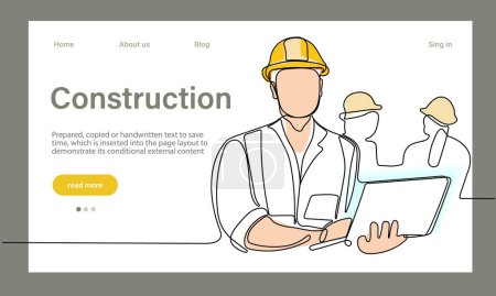 Illustration for Vector landing page of architecture works with protective face masks for safety in machine industrial factory. Continuous one line drawing for your minimal design - Royalty Free Image