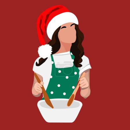 Illustration for Christmas woman baking cookies. Happy woman in santa hats preparing breakfast for your family for Christmas. Peeple spend time cooking. Vector illustration - Royalty Free Image