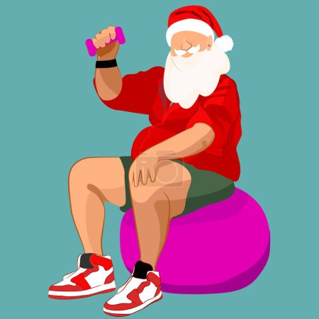 Winter End of Season Sale Background Design. Minimal flat concept of Santa Claus smiling and sitting on a fitness ball and holding a small dumbbell. Vector illustration
