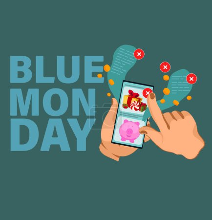 Illustration for Blue Monday the most depressing day of the year explanation written with white text on a blue background with sad face icon. Vector illustration - Royalty Free Image