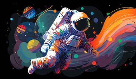 Ilustración de Astronauta explora el espacio siendo planeta desierto. Traje espacial astronauta realizando espacio de actividad cósmica extra contra el fondo de estrellas y planetas. Vuelo espacial humano. Ilustración vectorial moderna - Imagen libre de derechos