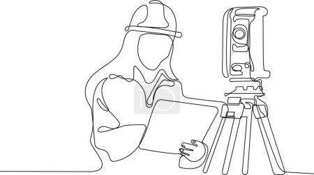 Téléchargez les illustrations : Gros plan du travailleur caucasien avec casque sur la tête à l'aide d'une tablette pour le travail tout en étant debout dans l'entrepôt. Surveyor avec une icône de trépied. Trépied géodésique. Illustration vectorielle - en licence libre de droit