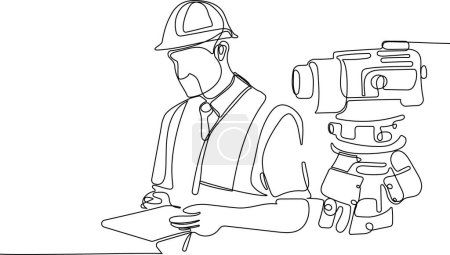 Téléchargez les illustrations : Gros plan du travailleur caucasien avec casque sur la tête à l'aide d'une tablette pour le travail tout en étant debout dans l'entrepôt. Surveyor avec une icône de trépied. Trépied géodésique. Illustration vectorielle - en licence libre de droit