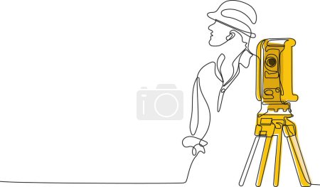 Primer plano del trabajador caucásico con casco en la cabeza usando tableta para el trabajo mientras está de pie en el almacén. Agrimensor con un icono de trípode. Trípode geodésico. Ilustración vectorial