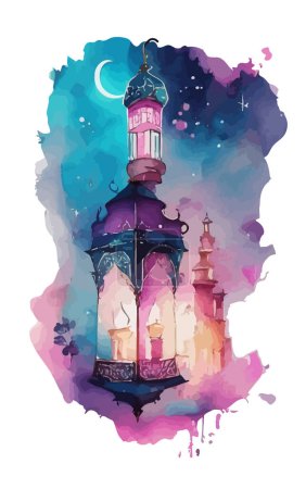 Téléchargez les illustrations : Ornamental Arabic lantern with burning candle glowing . Festive greeting card, invitation for Muslim holy month Ramadan Kareem. Ramadan Kareem greeting photo with serene mosque background. - en licence libre de droit