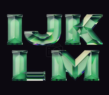3D-Wiedergabe von Schrift-Set mit Buchstaben aus glänzendem grünen Glas