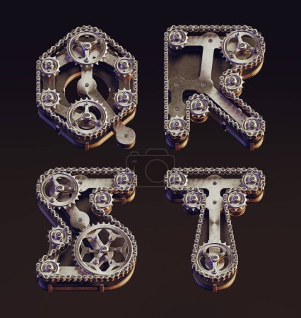 Photo for 3d rendering of steampunk style letters made of bike gears and chain. Vintage mechanical font. - Royalty Free Image