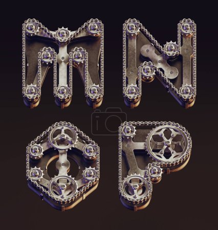 Photo for 3d rendering of steampunk style letters made of bike gears and chain. Vintage mechanical font. - Royalty Free Image