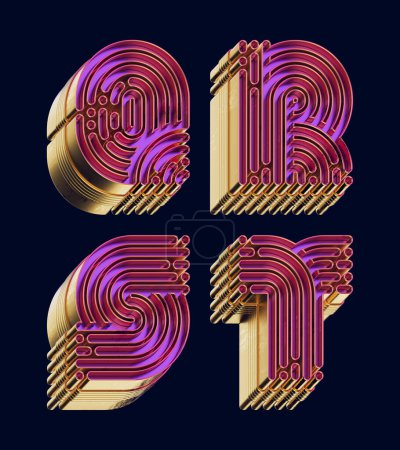 Téléchargez les photos : Ensemble de polices rendu 3d en style boîte à musique vintage avec labyrinthe de surface métallique en laiton - en image libre de droit