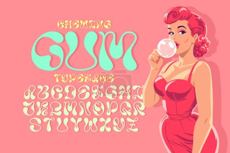 Illustration for Vector font set with pin-up woman vintage illustration. Smooth letters in shape of chewing gum. - Royalty Free Image