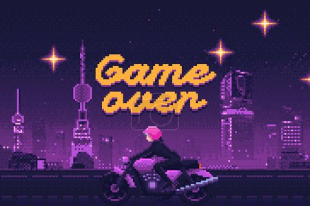 Illustration for Vintage poster made in style of old-school pixel arcade game. "Game Over" screenshot text composition with biker illustration on night city background. - Royalty Free Image