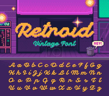 Illustration for Vintage font "Retroid" made in style of old-school pixel arcade game. - Royalty Free Image