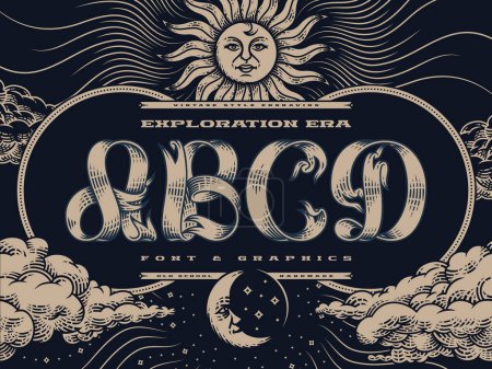 Decorative font set Exploration Era in vintage engraving style with illustrations of a sun, sky and clouds.
