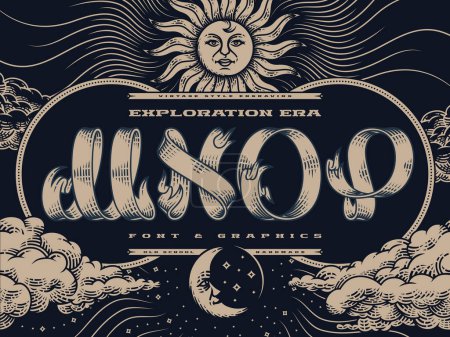 Illustration for Decorative font set Exploration Era in vintage engraving style with illustrations of a sun, sky and clouds. - Royalty Free Image