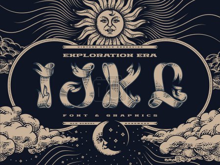 Dekoratives Schriftset Exploration Era im Vintage-Stil mit Illustrationen von Sonne, Himmel und Wolken.