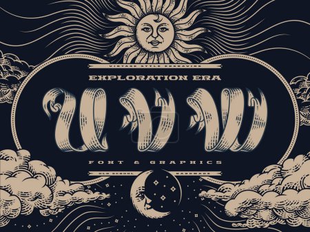 Dekoratives Schriftset Exploration Era im Vintage-Stil mit Illustrationen von Sonne, Himmel und Wolken.