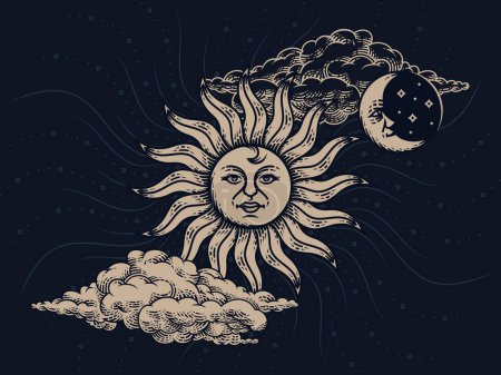 Set von Vintage-Stich-Illustrationen der mythologischen Sonne und des Mondes mit Gesichtern