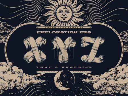 Decorative font set Exploration Era in vintage engraving style with illustrations of a sun, sky and clouds.