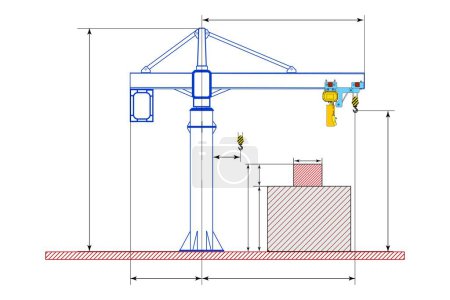 Illustration for Sketch of a jib crane with dimensions. Crane on a support. Dimensional drawing. Vector illustration - Royalty Free Image