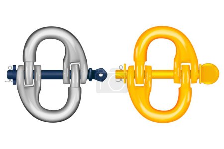 Shaped lifting shackle. That metal or steel with locking pin. Accessory or lifting equipment with breaking strength for winching, industrial crane rigging, tow strap and off-road jeep truck recovery