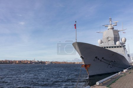 Photo for Norwegian army warship from the front. A military ship is moored in the port of Riga. Riga, Latvia - 30 Oct 2022. - Royalty Free Image