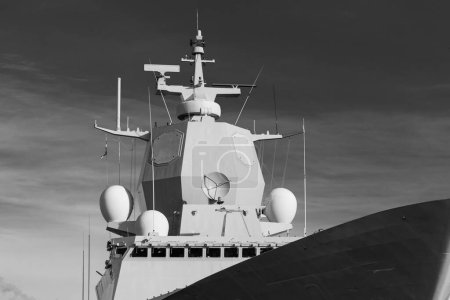 Foto de Captain's cabin of an army warship. Abstract black and white ship photo. - Imagen libre de derechos