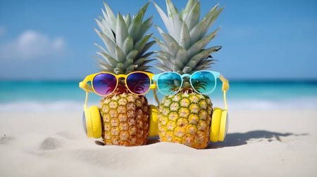 Ripe attractive pineapple in stylish mirrored sunglasses and gold headphones on sand against turquoise sea water. Tropical summer vacation concept. Summer sunny day on the beach of tropical island.