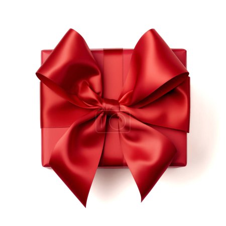 Foto de Caja de regalo roja de lujo con lazo rojo sobre fondo blanco, vista superior, ruta de recorte - Imagen libre de derechos