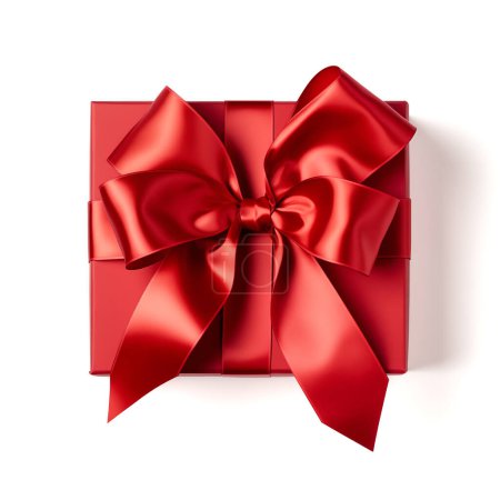 Foto de Caja de regalo roja con lazo rojo sobre fondo blanco, vista superior, ruta de recorte - Imagen libre de derechos