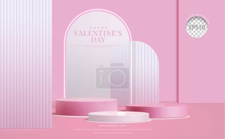 Illustration for Valentines day pink background. three step pink podium with backdrop frosted glass, for product display, 3d Realistic vector illustration - Royalty Free Image