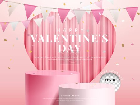 Hintergrund zum Valentinstag. zweistufiges rosafarbenes Podium auf Vorhang-Hintergrund., zur Produktdarstellung, 3d Realistische Vektorillustration