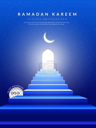 Photo for The blue stairway leads up to the mosque door on a night sky filled with stars and a moon, Ramadan Kareem background. vector illustration - Royalty Free Image