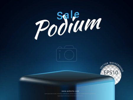 Illustration for Sale podium with a blue neon light on black background, a backdrop for displaying products. Vector illustration. - Royalty Free Image