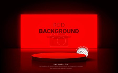 Illustration for Large empty dark room with a podium and concrete floor on a red neon light background. Vector illustratio - Royalty Free Image